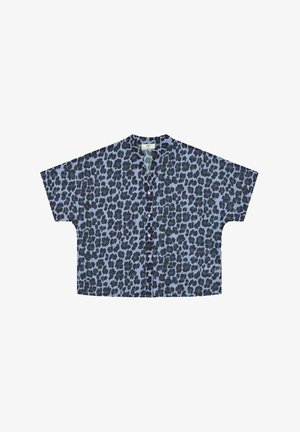 Korte mouwen blouse van lichtblauwe stof met een donker luipaardprint, knoopsluiting en een ontspannen pasvorm met een mandarijnkraag.
