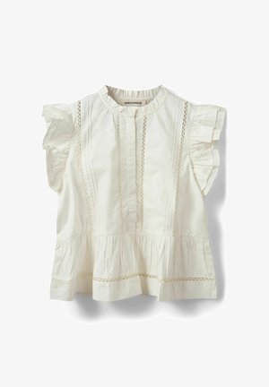 Valge varrukateta pluus volangjate õlgadega, vertikaalsete pitsisisetustega ja kogutud peplum-äärisega.