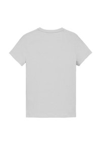Grijze katoenen T-shirt met korte mouwen en een ronde hals. Glad van textuur, eenvoudig ontwerp en geen zichtbare patronen of accenten.