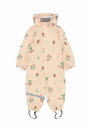 Rosa kariertes wasserdichtes Overall mit Blumenmustern, die rote Erdbeeren und grüne Blätter zeigen; Kapuze mit Kordelzug und elastische Bündchen.