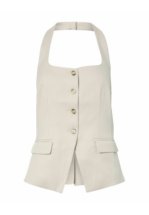 Beige mouwloze haltertop met vier knopen aan de voorkant, twee klepzakken en een middenvoor gespleten zoom.