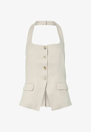 Beige mouwloze haltertop met vier knopen aan de voorkant, twee klepzakken en een middenvoor gespleten zoom.