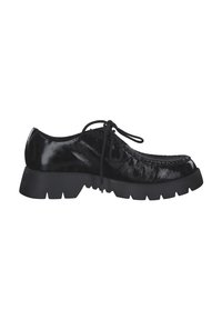 Schwarze Lacklederschuhe mit runder Zehenform, offener Schnürung und dicker Gummisohle mit einem strukturierten Grip-Muster.