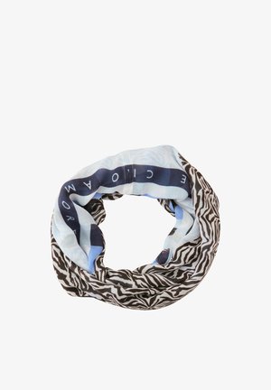 Écharpe circulaire bleu clair et noire avec imprimé zèbre et bande bleu marine comportant un texte blanc partiellement visible.