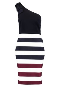 En axelklänning med en marinblå överdel och en figursydd kjol med horisontella ränder i marinblått, vitt och bordeaux. Slipsdetalj på axeln.