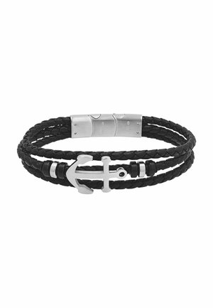 Pulsera de cuero negro trenzado con un charm de ancla plateada y un cierre magnético plateado.