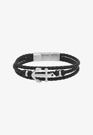 Schwarzes geflochtenes Lederarmband mit einem silbernen Ankeranhänger und einem magnetischen silbernen Verschluss.