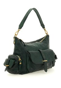 Borsa a mano in pelle verde con finitura testurizzata, caratterizzata da accessori dorati, una cerniera superiore e una tasca frontale sicura con patta.