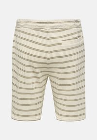 Beige Shorts mit horizontalen braunen Streifen. Aus strukturiertem Stoff, mit elastischem Bund und Taschen. Einfaches und lässiges Design.