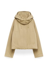 Beżowa krótka kurtka z długimi rękawami, wysokim kołnierzem, regulowanymi sznurkami, przednimi kieszeniami i zapięciem na napy.