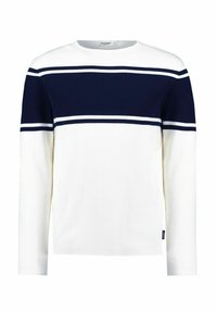 Weißer Pullover mit langen Ärmeln und navyfarbenen horizontalen Streifen. Rundhalsausschnitt, gestrickte Textur und ein kleines Etikett mit Markenlogo auf der unteren linken Seite.