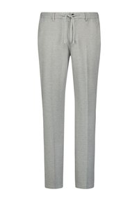 Lichtgrijze joggingsbroek van zacht materiaal. Heeft een elastische tailleband met een trekkoord en een ontspannen pasvorm, die naar de enkels toe versmalt.