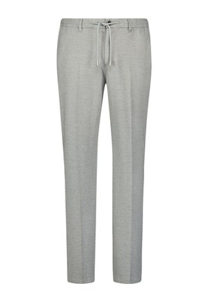 Lichtgrijze joggingsbroek van zacht materiaal. Heeft een elastische tailleband met een trekkoord en een ontspannen pasvorm, die naar de enkels toe versmalt.