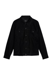 Czarna kurtka jeansowa z klasycznym kołnierzem, zapinana z przodu na guziki, z dwiema kieszeniami na piersi i długimi rękawami. Gładka struktura, neutralny design.