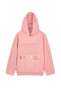 Felpa rosa realizzata in morbido tessuto, con un grande logo "E" ricamato e la parola "ESCADA" in lettere dorate, con dettagli dorati lungo le maniche.
