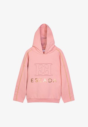 Felpa rosa realizzata in morbido tessuto, con un grande logo "E" ricamato e la parola "ESCADA" in lettere dorate, con dettagli dorati lungo le maniche.