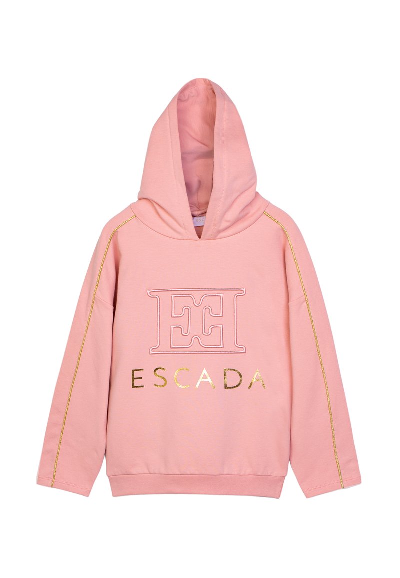 Felpa rosa realizzata in morbido tessuto, con un grande logo "E" ricamato e la parola "ESCADA" in lettere dorate, con dettagli dorati lungo le maniche.