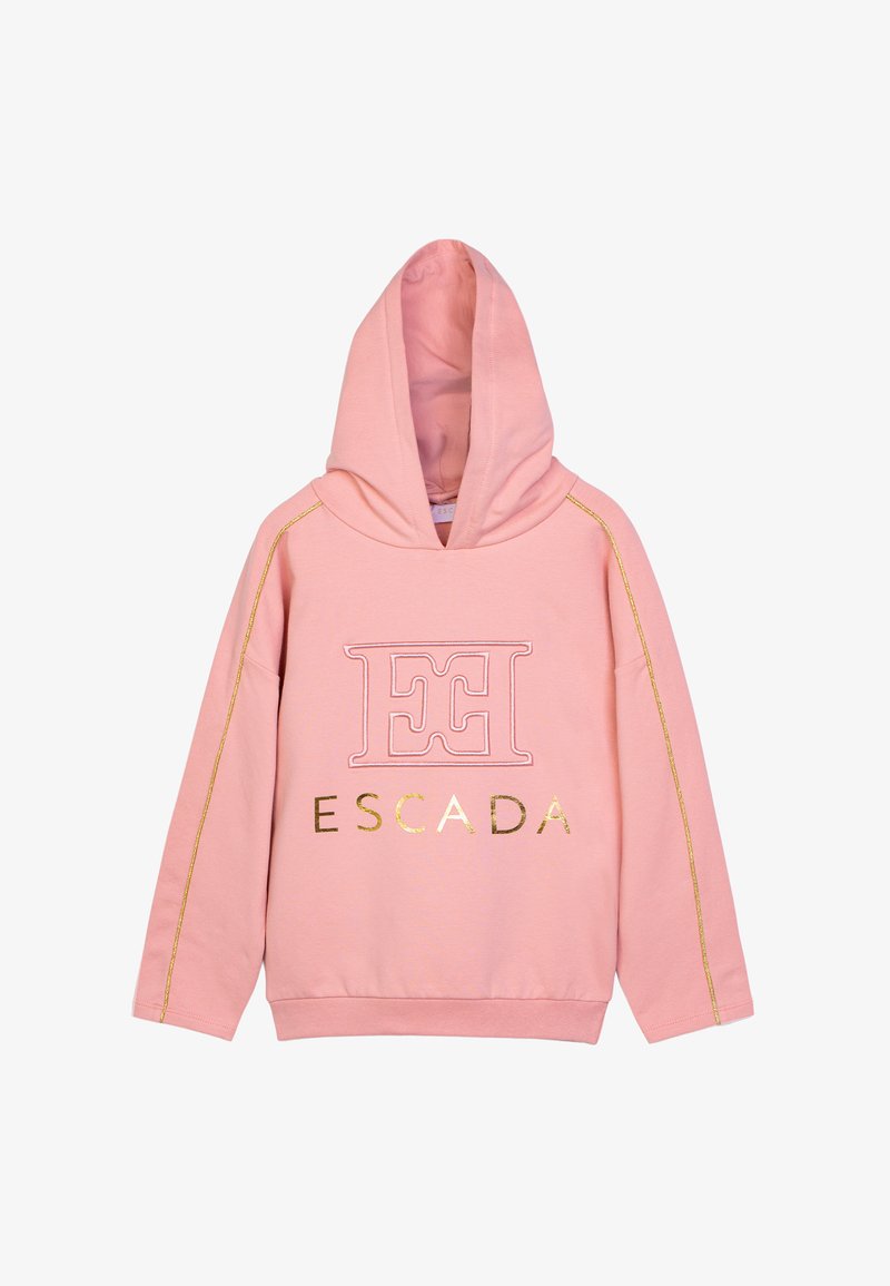 Felpa rosa realizzata in morbido tessuto, con un grande logo "E" ricamato e la parola "ESCADA" in lettere dorate, con dettagli dorati lungo le maniche.
