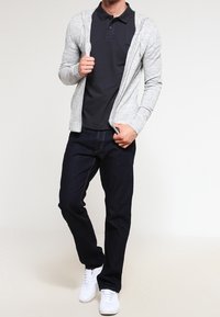 Grauer Reißverschluss-Hoodie über einem schwarzen Poloshirt, blauen Jeans und weißen Sneakers. Glatte Stoffoberfläche mit lässiger Passform. Keine sichtbaren Muster oder Akzente.