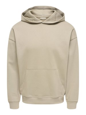 Beige hættetrøje lavet af blødt stof, med en forreste kængurulomme, ribbet ærmeafslutninger og en klassisk pasform. Ingen synlige mønstre eller grafik.