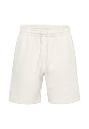 Weiße Baumwollshorts mit elastischem Bund und verstellbarem Kordelzug, versehen mit einem kleinen Logo an der unteren Seite und einer glatten Textur.