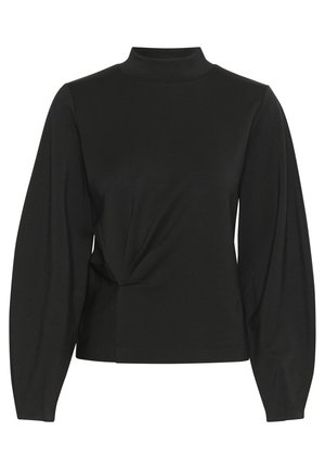 Zwarte top met lange mouwen en hoge hals, met een geknoopt detail bij de taille en een soepele, zachte textuur. Rekbaar materiaal zorgt voor comfort.