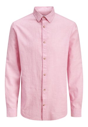 Ilgas rankovėmis šviesiai rožinė marškinėlių tipo palaidinė su smaigališku apykakliu ir rudos spalvos sagomis priekyje.