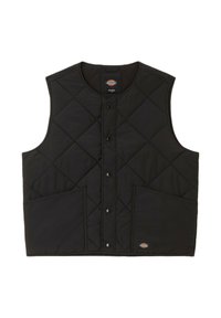 Chaleco acolchado negro con cuello redondo, botones de presión en la parte frontal y dos bolsillos delanteros. Presenta un patrón de diamantes y un pequeño logo en el dobladillo.