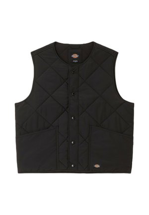 Černá prošívaná vesta s kulatým výstřihem, předními kovovými knoflíky a dvěma předními kapsami. Obsahuje diamantový vzor a malé logo na lemu.