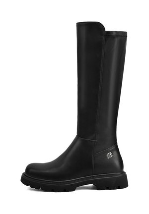 Stivali neri al ginocchio realizzati in pelle liscia, con punta arrotondata, suola spessa e un accento del logo laterale.