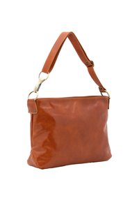 Borsa a spalla in pelle marrone con una texture liscia, forma rettangolare, tracolla regolabile e dettagli in metallo.
