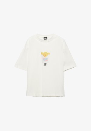 Fehér rövid ujjú póló, elöl középen egy csomag sárga gumimaci grafikával és a "STWD GUMMY INDUSTRIES" felirattal.