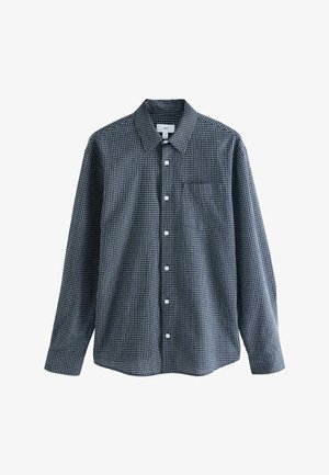 Chemise à manches longues, boutonnée, de couleur marine avec un motif à carreaux blancs, dotée d'un col classique et d'une poche poitrine simple. Fabriquée en tissu tissé.