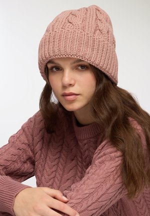 Beanie rosa lavorato a maglia con un motivo a treccia testurizzato, abbinato a un maglione in maglia con trecce dello stesso colore. Entrambi gli articoli presentano un design morbido e spesso.