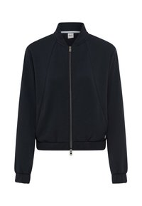 Schwarze Bomberjacke mit Reißverschluss vorne, gerippten Bündchen und Kragen; verfügt über eine glatte Textur und einen taillierten Bund für einen strukturierten Look.
