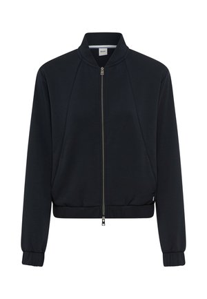 Bomber nero con zip frontale, polsini e collo a coste; presenta una texture liscia e una vita aderente per un look strutturato.
