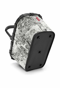 Sac isotherme avec un motif d'arbre noir et blanc, une poignée noire robuste et cinq petits pieds pour une position stable.