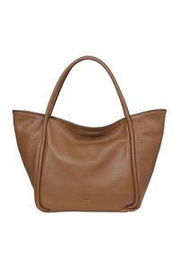 Brown leather tote bag with soft, textured finish, elongated shape, and two sturdy handles. Minimalist design with no visible hardware.