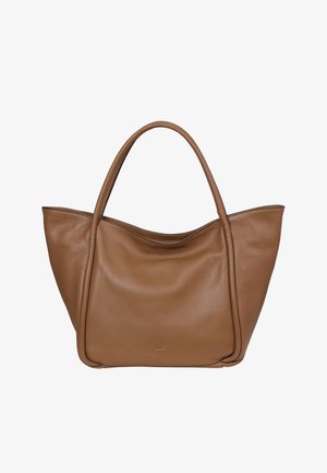 Braune Leder-Tote mit weicher, strukturierter Oberfläche, elongated Form und zwei stabilen Griffen. Minimalistisches Design ohne sichtbare Befestigungen.