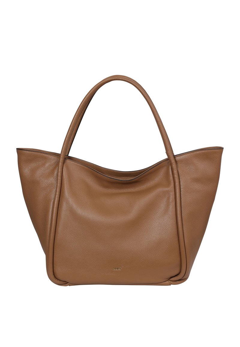 Brown leather tote bag with soft, textured finish, elongated shape, and two sturdy handles. Minimalist design with no visible hardware.