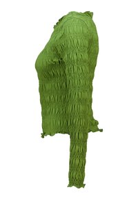 Green long-sleeve top made of textured, gathered fabric. Features a smocked design with a flowing fit and elasticized cuffs.