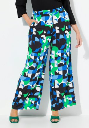 Wide-leg pants in a multicolored geometric pattern of green, blue, black, and white. Made of lightweight fabric with an elastic waistband.