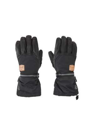 Black winter gloves with leather palms, padded fabric on the back, adjustable wrist straps, and a logo patch on the wrist.