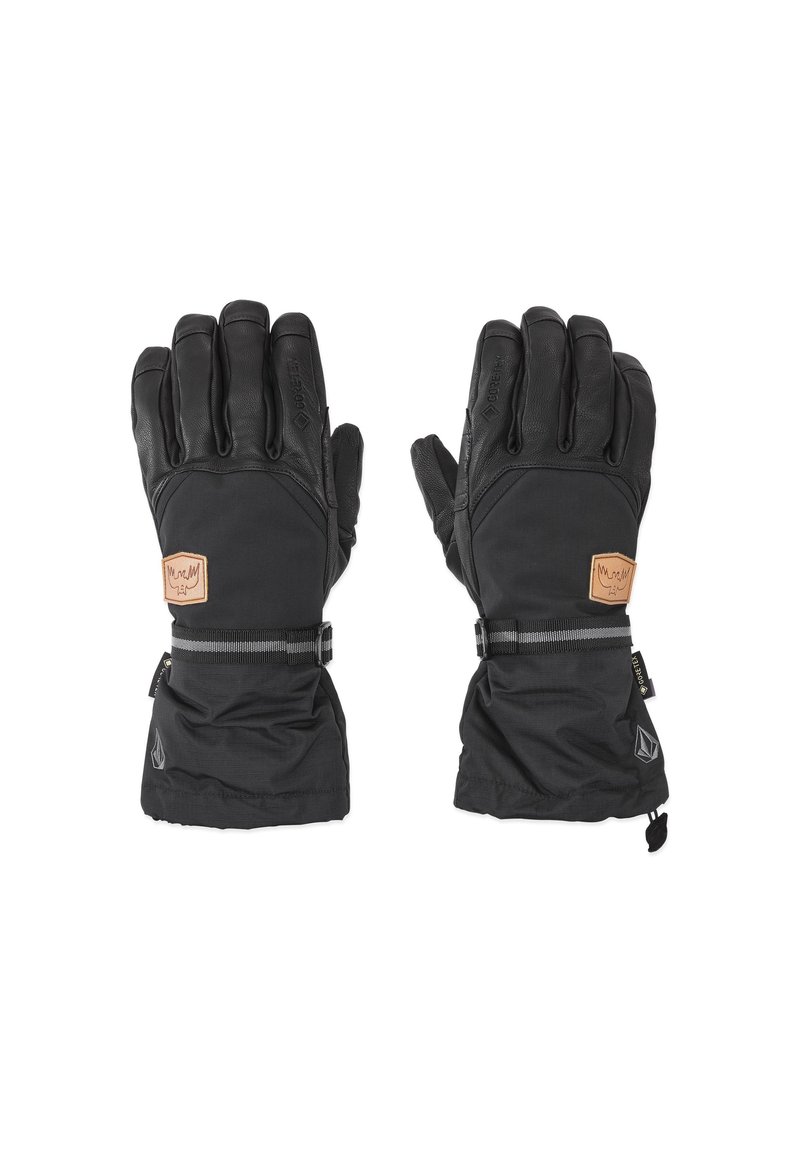 Zwarte winterhandschoenen met leren handpalmen, gewatteerde stof aan de achterkant, verstelbare polsriemen en een logo badge op de pols.