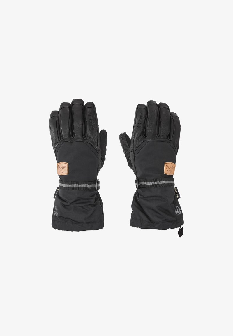 Schwarze Winterhandschuhe mit Lederhandflächen, gepolstertem Stoff auf der Rückseite, verstellbaren Handgelenkriemen und einem Logopatch am Handgelenk.