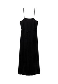 Schwarz gefaltetes Maxikleid mit verstellbaren Spaghettiträgern und einer gebundenen Taillendetail, das eine fließende Silhouette und strukturierter Stoff aufweist.