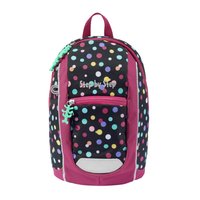 Rucksack mit schwarzer Oberfläche, die mit mehrfarbigen Punkten, pinken Akzenten, einer Frontreißverschlusstasche und einem gestickten "Step by Step"-Logo versehen ist.