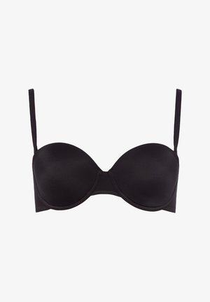 Black underwired bra with smooth cups, adjustable straps, and a subtle sheen. Features a hook-and-eye closure at the back.