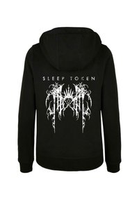 Black hoodie featuring a white graphic design on the back that includes the text "SLEEP TOKEN" and intricate, abstract patterns.