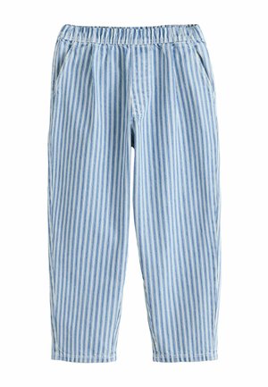 Blue and white vertically striped elastic waist pants with side pockets and relaxed fit.